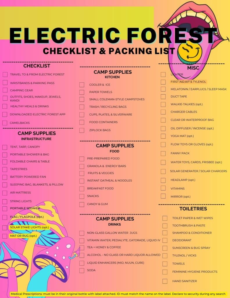 ELECTRIC FOREST CHECKLIST AND PACKING LIST